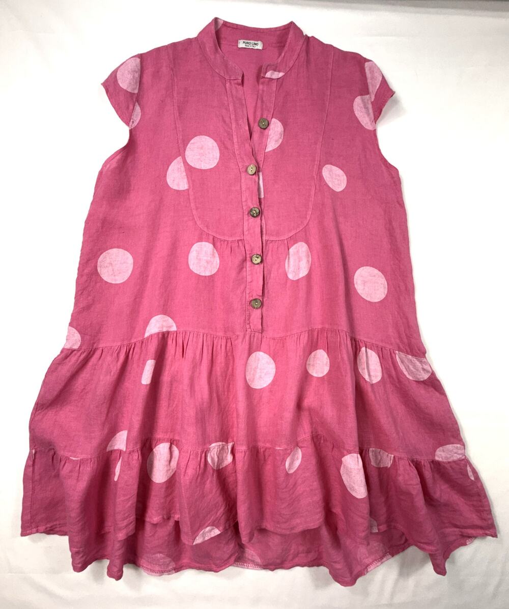 Puro Lino Italian linen tunic dress pink & white polka dot tiered ruffle hem M?